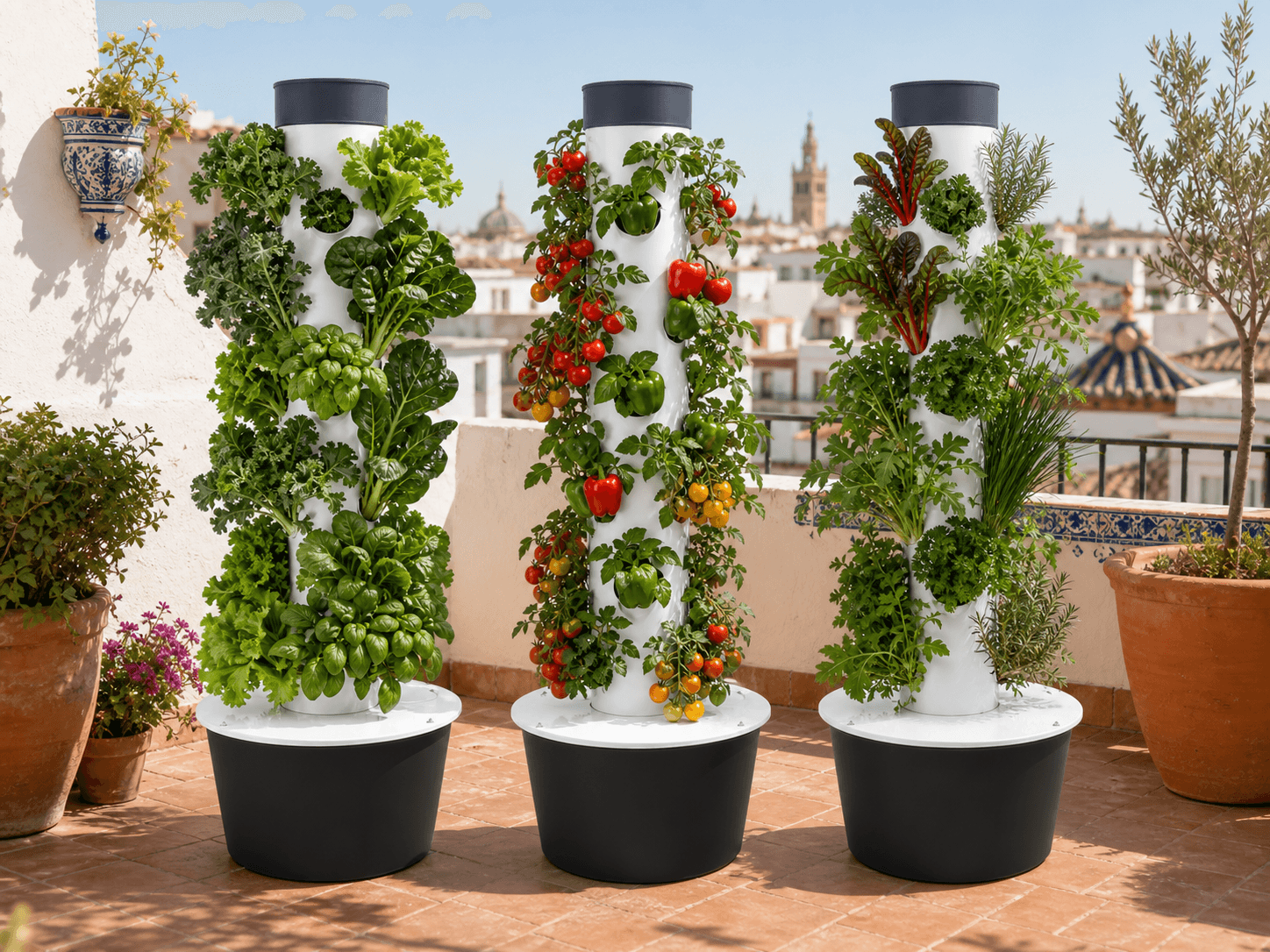 Tres torres hidropónicas Bonxur con diferentes cultivos en una terraza de Sevilla